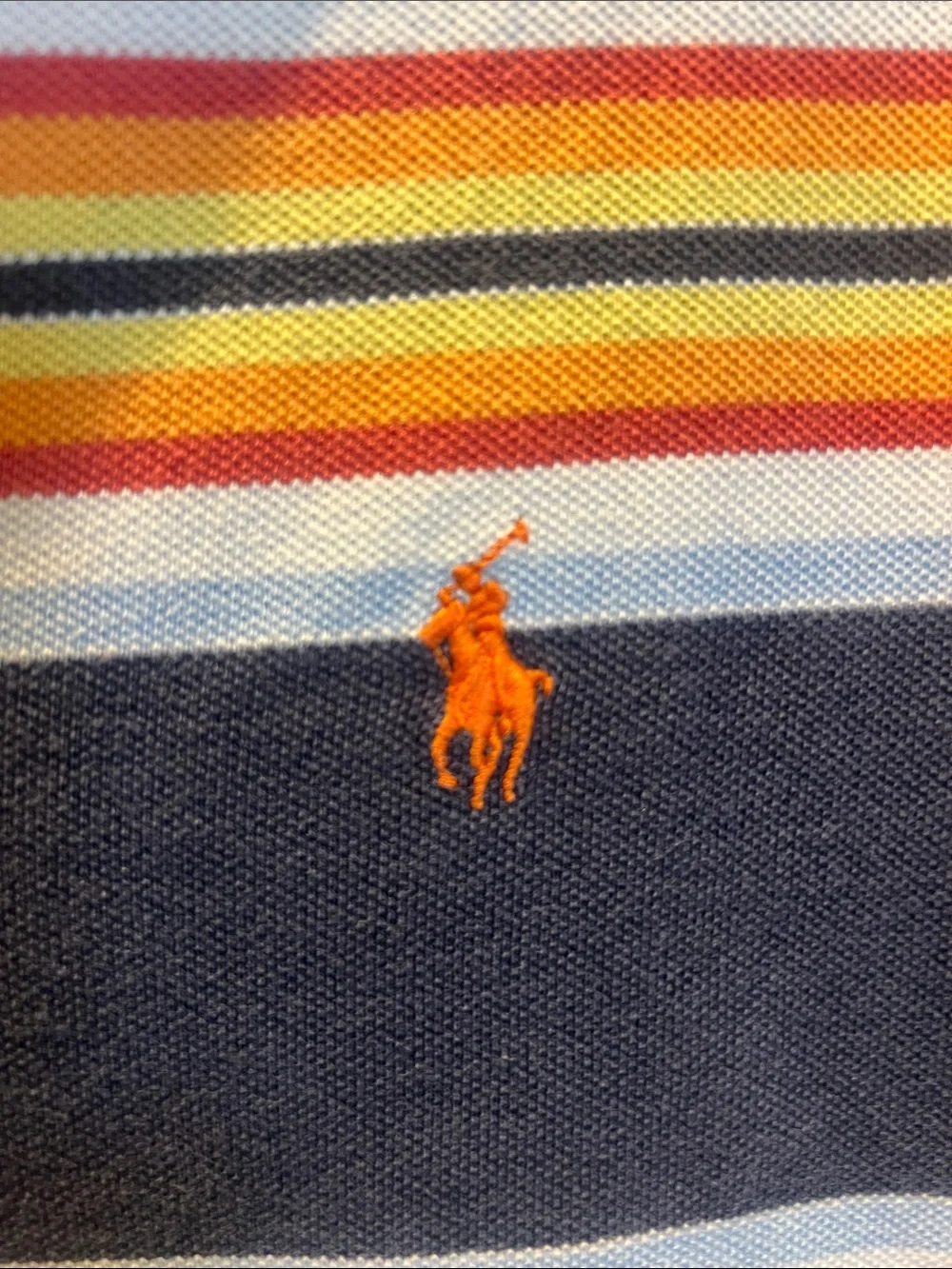 Polo by Ralph Lauren Navy Polo with Yellow, Red and Light Blue Stripes Medium